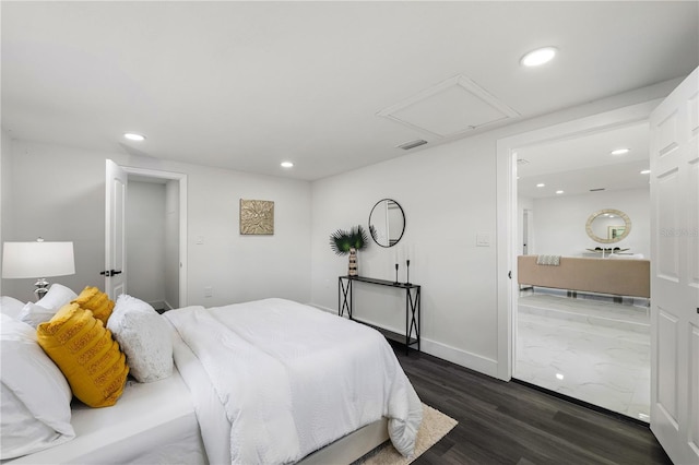 bedroom with dark hardwood / wood-style flooring