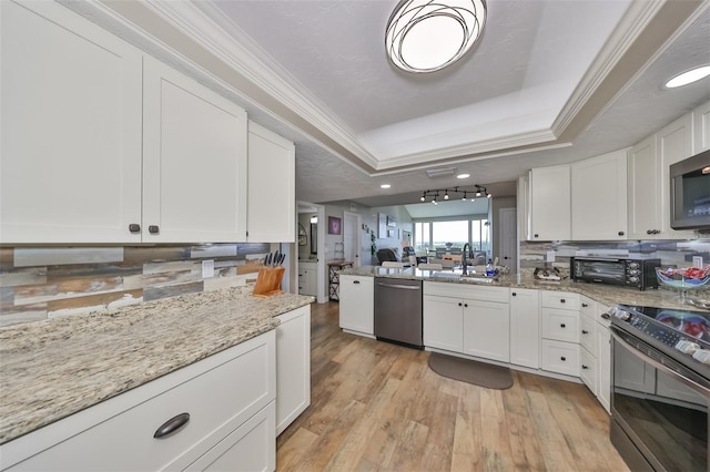 kitchen featuring tasteful backsplash, a tray ceiling, stainless steel appliances, and white cabinets