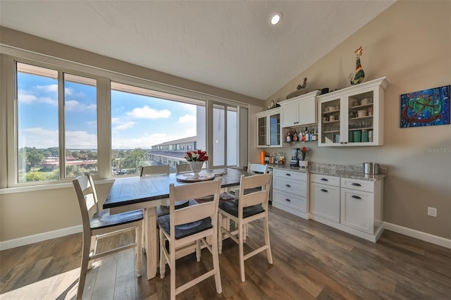 dining room featuring lofted ceiling and dark hardwood / wood-style flooring