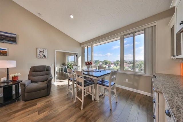 dining area with dark hardwood / wood-style floors and high vaulted ceiling