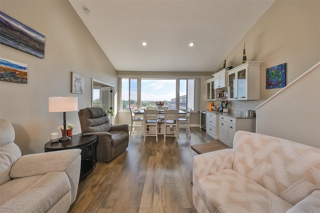 living room featuring lofted ceiling, dark hardwood / wood-style floors, bar area, and wine cooler