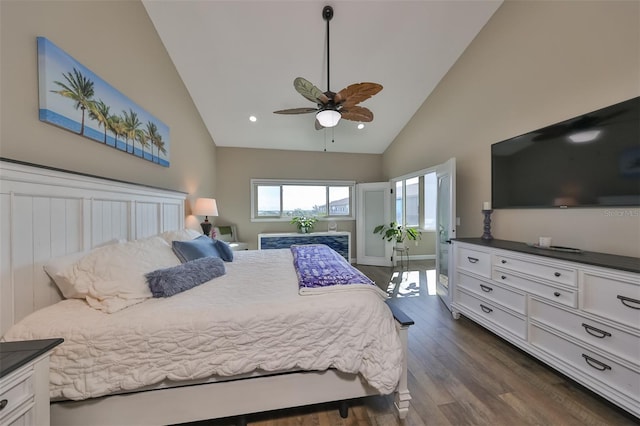 bedroom featuring high vaulted ceiling, dark hardwood / wood-style floors, and ceiling fan