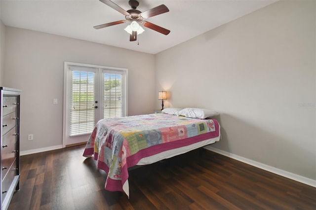 bedroom with access to outside, dark hardwood / wood-style floors, and ceiling fan