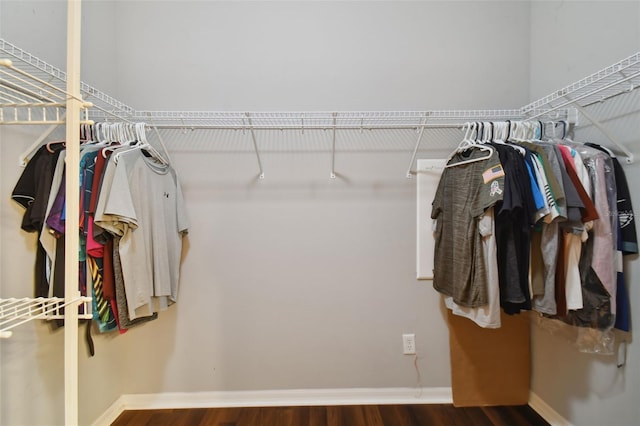 walk in closet with dark hardwood / wood-style floors