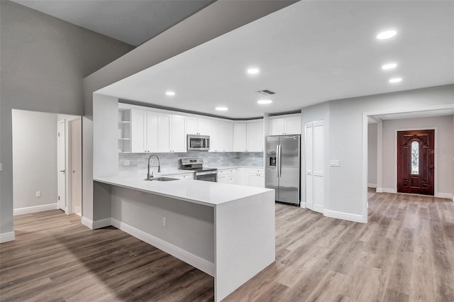 kitchen featuring appliances with stainless steel finishes, white cabinetry, sink, decorative backsplash, and kitchen peninsula