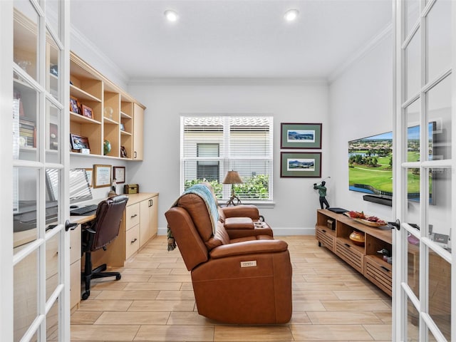 home office featuring french doors, wood tiled floor, and crown molding