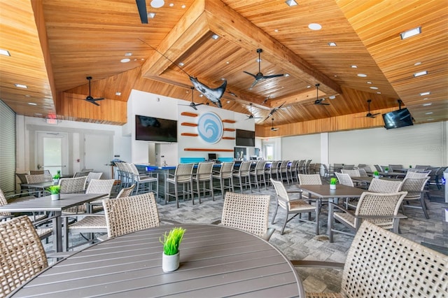 dining space with high vaulted ceiling, wood ceiling, and ceiling fan