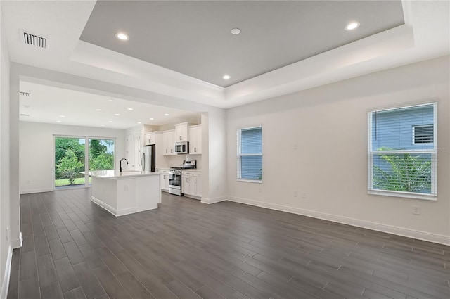 kitchen with white cabinetry, sink, stainless steel appliances, a raised ceiling, and a kitchen island with sink