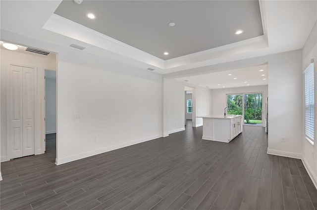 unfurnished living room with a raised ceiling and sink