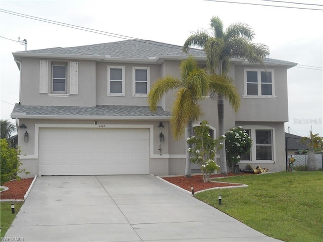 view of front of property with a garage, a front yard, driveway, and stucco siding