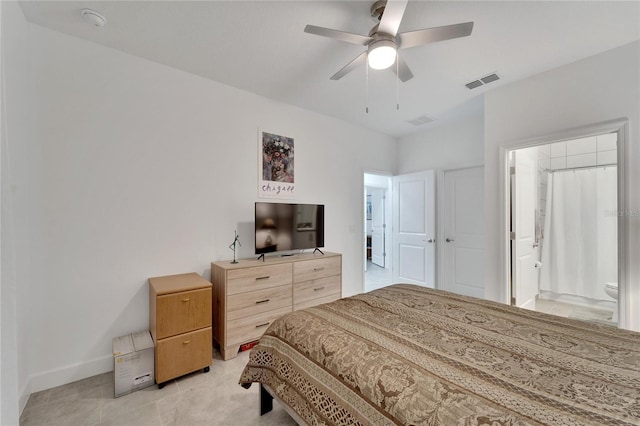 bedroom featuring connected bathroom and ceiling fan