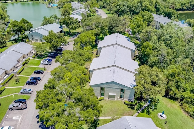 drone / aerial view with a water view