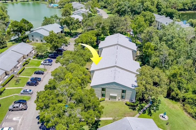 drone / aerial view featuring a water view