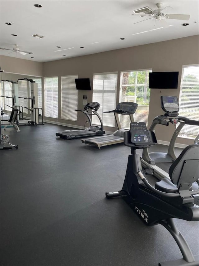 exercise room featuring plenty of natural light and ceiling fan