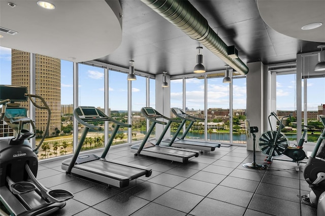 workout area featuring a water view and a wall of windows