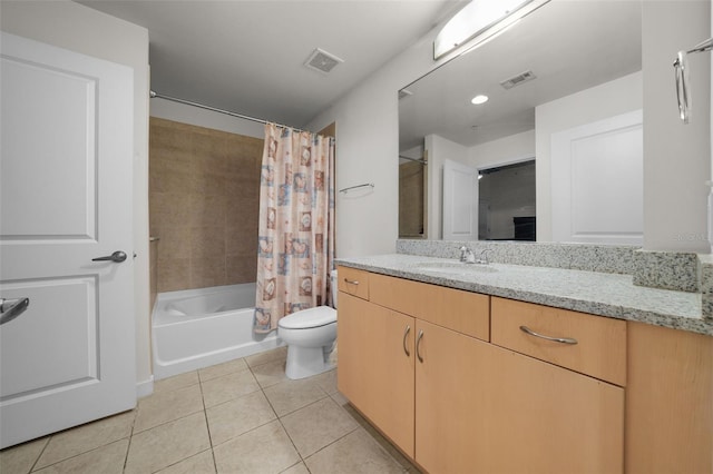 full bathroom with tile patterned flooring, vanity, toilet, and shower / bathtub combination with curtain