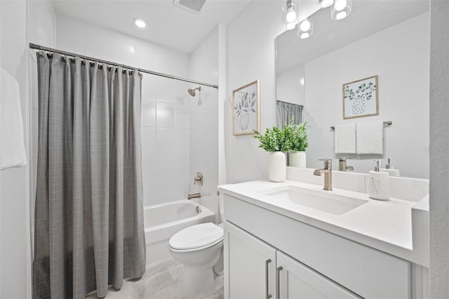 full bathroom with vanity, tile patterned flooring, shower / bathtub combination with curtain, and toilet