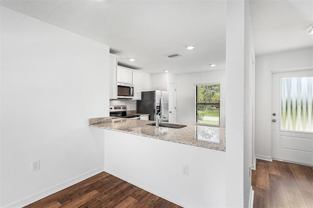 kitchen with white cabinetry, dark hardwood / wood-style flooring, appliances with stainless steel finishes, light stone counters, and sink