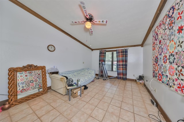 tiled bedroom featuring ornamental molding and ceiling fan