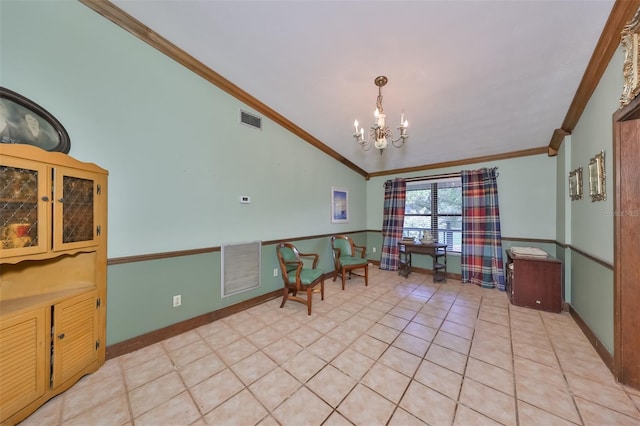 tiled dining room with lofted ceiling, ornamental molding, and a chandelier