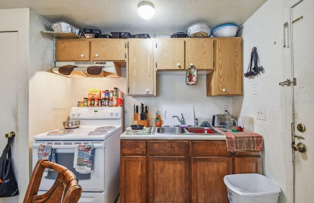 kitchen featuring a textured ceiling, electric stove, sink, and exhaust hood