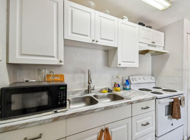 kitchen with white cabinetry, white range with electric stovetop, and sink