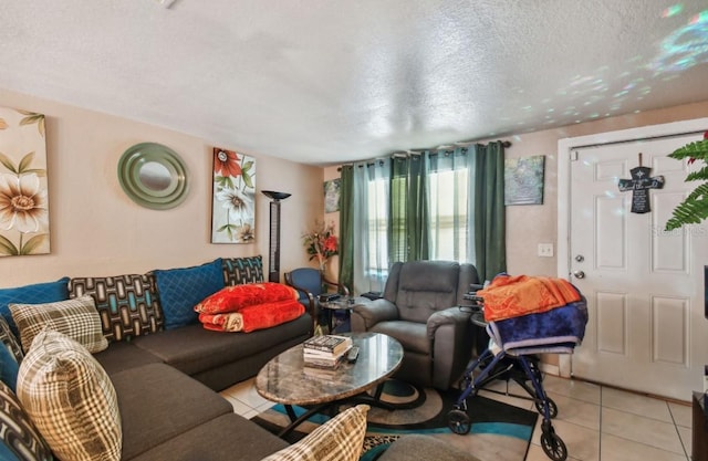 tiled living room featuring a textured ceiling