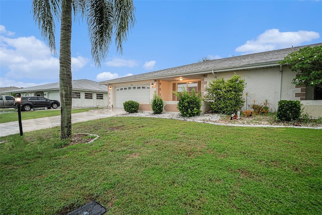 ranch-style home with a garage and a front lawn