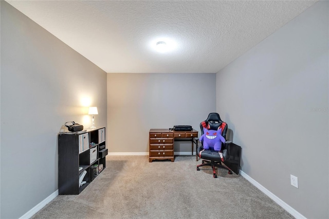 miscellaneous room featuring light carpet and a textured ceiling