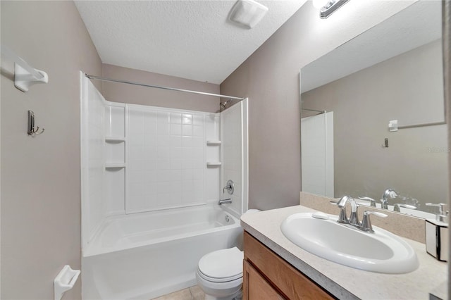 full bathroom featuring vanity, washtub / shower combination, tile patterned flooring, toilet, and a textured ceiling