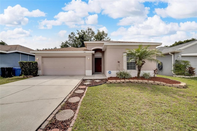 ranch-style home with a front yard and a garage