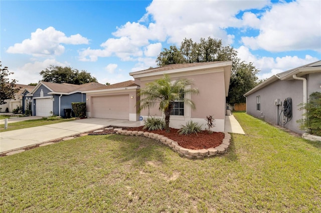 ranch-style house featuring a garage and a front yard