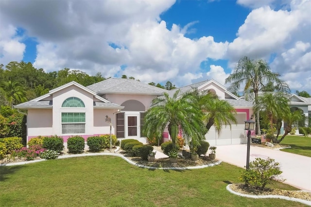 view of front of home featuring a garage and a front lawn