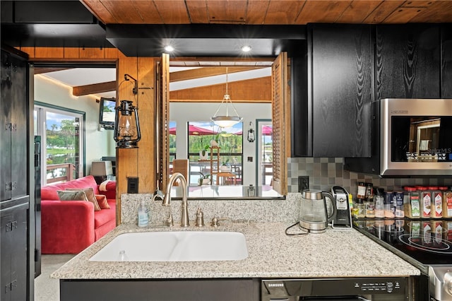 kitchen featuring sink, decorative backsplash, wooden ceiling, and light stone countertops