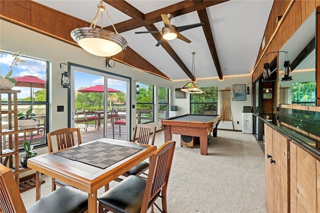 recreation room with light carpet, lofted ceiling with beams, ceiling fan, and billiards