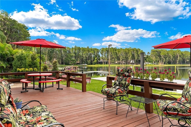 wooden terrace featuring a water view