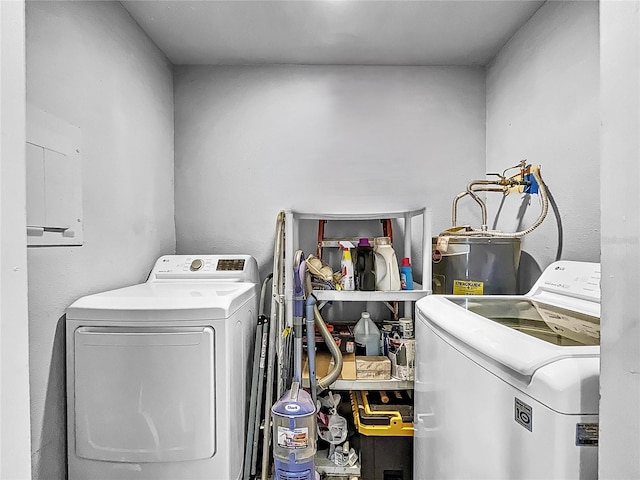 laundry room featuring washing machine and clothes dryer, water heater, and electric panel