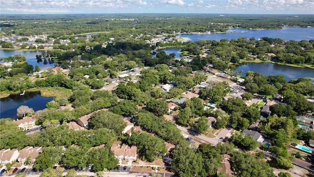 drone / aerial view with a water view