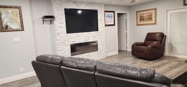 living room featuring a fireplace and wood-type flooring