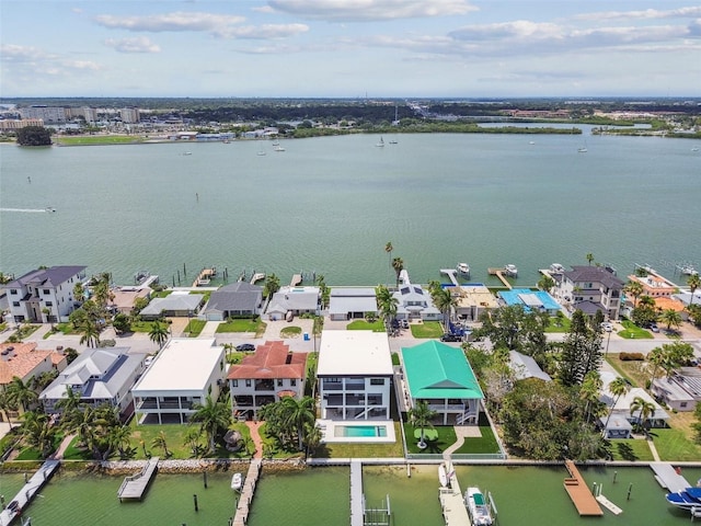 bird's eye view featuring a water view and a residential view