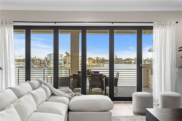 interior space with ornamental molding, a wealth of natural light, a water view, and wood finished floors