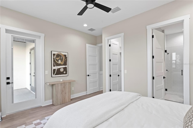 bedroom with light wood-style flooring, recessed lighting, visible vents, a ceiling fan, and baseboards