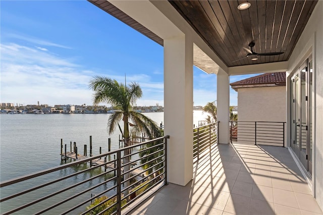 balcony featuring ceiling fan and a water view