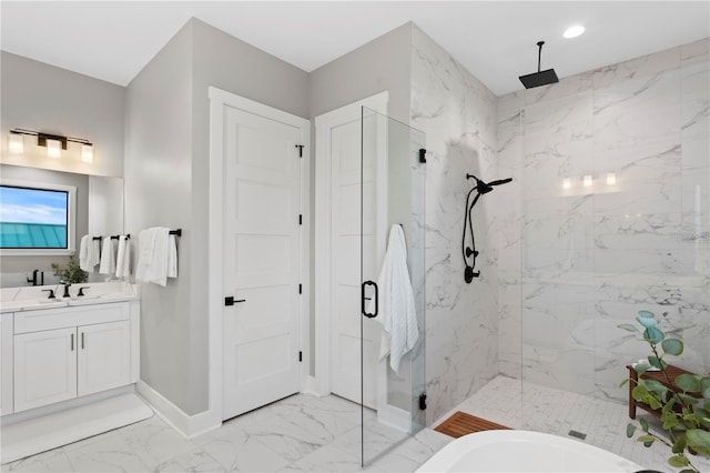 bathroom featuring a marble finish shower, baseboards, marble finish floor, vanity, and recessed lighting