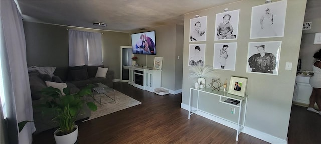 living room with dark hardwood / wood-style flooring