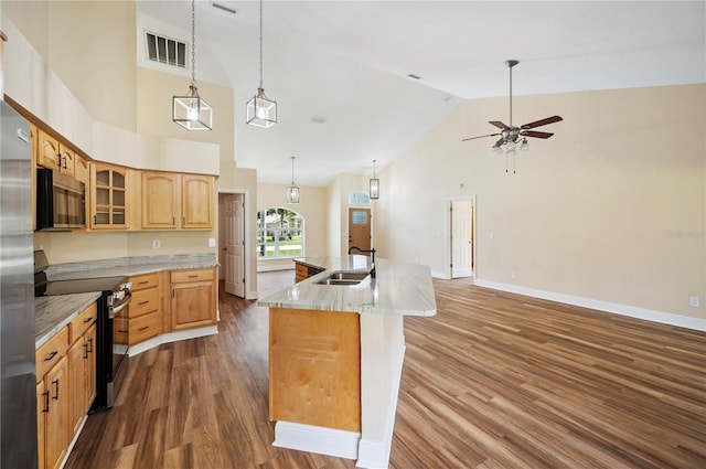 kitchen with light stone countertops, ceiling fan, stainless steel electric stove, sink, and an island with sink