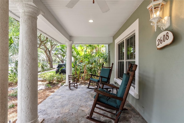 view of patio with ceiling fan and covered porch