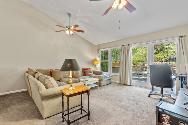 carpeted living room featuring vaulted ceiling and ceiling fan