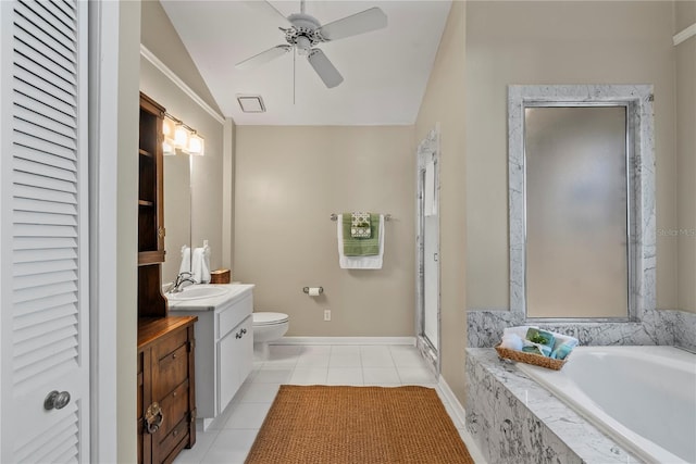 full bathroom featuring tile patterned floors, toilet, vanity, ceiling fan, and plus walk in shower