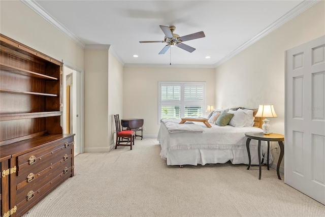 carpeted bedroom with crown molding and ceiling fan